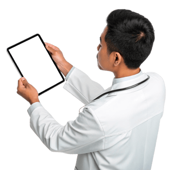 healthcare professional using technology to analyze data on tablet, showcasing modern medical practices and innovation. png