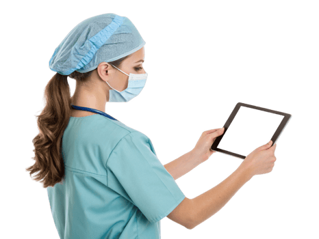 healthcare professional in scrubs and surgical cap uses tablet, showcasing integration of technology in medical settings png