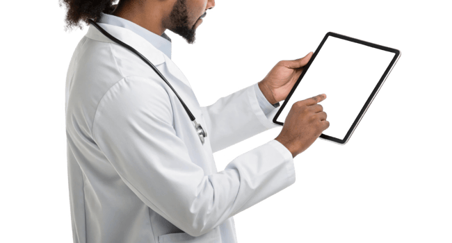 healthcare professional using technology to access patient information on tablet, showcasing modern medical practices png
