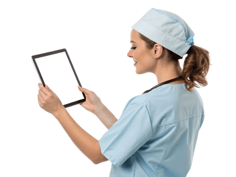 healthcare professional in scrubs uses tablet, showcasing modern technology in medical setting png