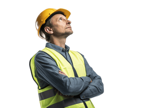 construction worker in safety vest and hard hat looks upward, contemplating future technology advancements in industry png