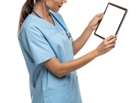 healthcare professional in light blue uniform is using tablet, showcasing modern technology in medical setting png