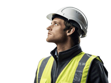 construction worker wearing safety helmet and reflective vest looks upward, embodying sense of focus and determination png