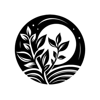 Stylized monochrome illustration moonlit scene within a circle, with plants, celestial bodies, and a minimalist, aesthetic. vector