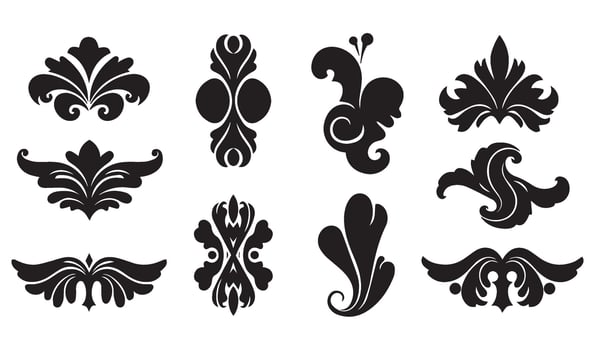 Abstract Floral Flowers Stencil Swirl Ornament Icon Symbol with Vintage Scroll Patterns and Elegant Summer Set Decorative Elements vector