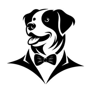 Elegant black and white dog illustration wearing a tuxedo and bowtie, a sophisticated pet portrait. vector