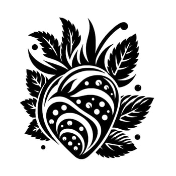 Stylized, black and white illustration of a strawberry with intricate patterns and detailed leaves, a modern, symmetrical design. vector