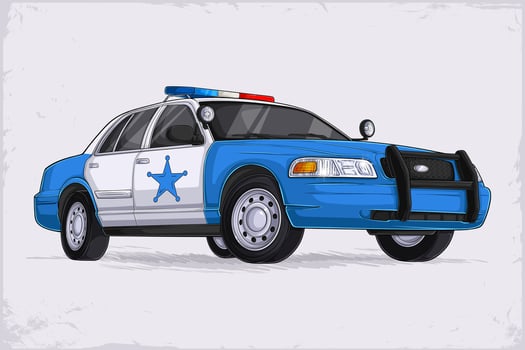 Hand drawn American blue and white sheriff patrol car with flashers and siren, police vehicle isolated on white background vector