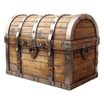 Antique Wooden Treasure Chest with Metal Banding and Clasps png