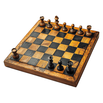 A weathered wooden chessboard with chess pieces set up for a game in progress png