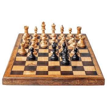 A Wooden Chessboard with Chess Pieces Set Up for a Game png