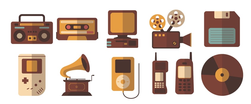 Illustrative journey through retro electronics and outdated technologies vector