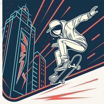Urban Skater Performing Stunt on Skateboard in Futuristic Cityscape, Dynamic Street Art Style Illustration vector