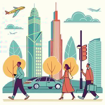 Urban Life Concept Illustration Modern City Scene with Diverse People in a Futuristic Design vector
