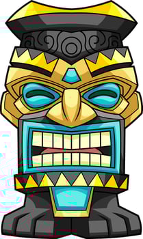 Powerful Polynesian Tiki Mask With Gold And Black Tribal Design And Fierce Expression vector