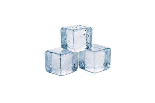 Three transparent ice cubes, perfectly shaped, glisten with condensation against a dark background. Their symmetry and clarity evoke a sense of purity and cold elegance png