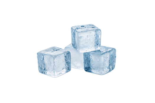 A balanced arrangement of four slightly frosty ice cubes, stacked unevenly. The shiny water droplets highlight their melting state, blending symmetry and natural imperfection png