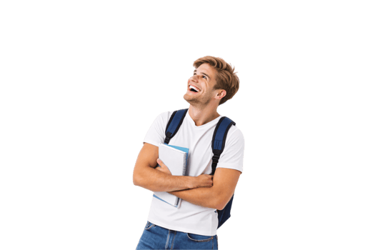 A cheerful young man with a backpack, dressed casually, holds notebooks while looking upward, his posture conveying confidence and readiness for learning png