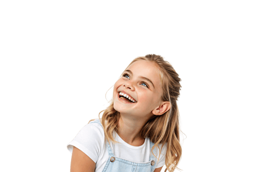 A delighted girl wearing denim overalls and a white shirt gazes upward, her laughter reflecting pure happiness and carefree childhood moments png
