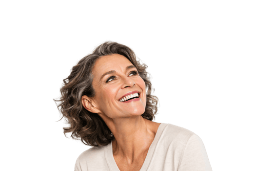 A cheerful woman with curly hair and a beige top laughs heartily, her joyful expression capturing a moment of genuine happiness and light png