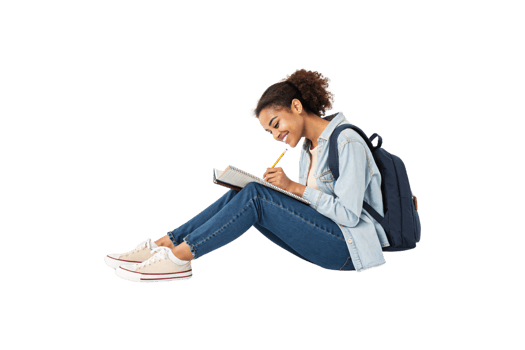 A focused student, seated cross-legged in a denim jacket and jeans, writes in her notebook with a sense of concentration and academic enthusiasm png