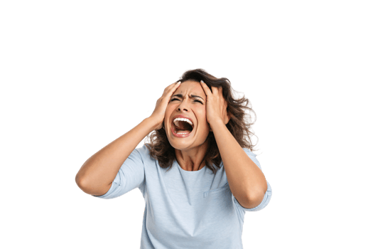 A distressed woman in a light blue shirt grabs her head, screaming in frustration, conveying intense emotions of stress and exasperation png