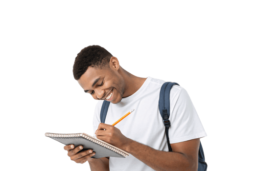 A student in a white t-shirt and backpack smiles warmly, engrossed in writing in a spiral notebook, showcasing youthful energy and enthusiasm png