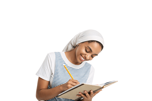 A young woman wearing a striped top and white hijab smiles warmly while writing in a notebook, radiating focus and positivity png