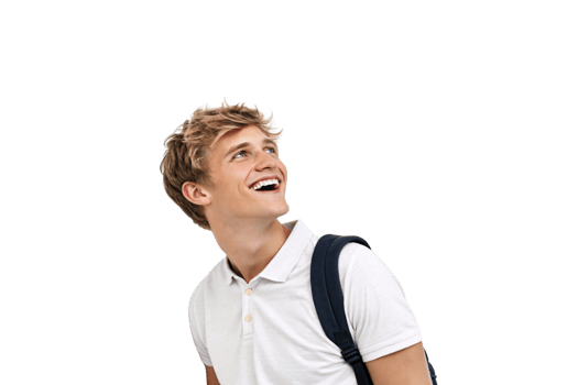 A blonde young man in a white polo shirt and backpack gazes upward, smiling radiantly, suggesting optimism and ambition png