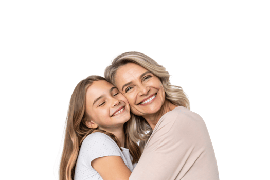 A warm hug shared between a grandmother and granddaughter, both smiling serenely. Their heartfelt connection is apparent in this peaceful and affectionate pose png