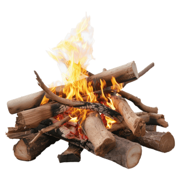 Bright Flames Erupting from a Crackling Campfire Surrounded by Logs and Twigs in a Cozy Outdoor Setting png
