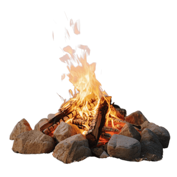 Vibrant Campfire Flames Dancing Among Rocks at Night in a Cozy Outdoor Setting png