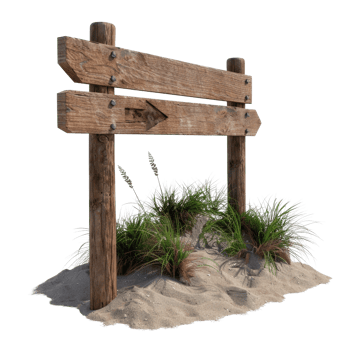 Wooden directional sign post in sandy area surrounded by green grass and plants, showcasing outdoor nature elements png
