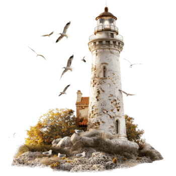 Scenic coastal lighthouse surrounded by rocky shore, colorful foliage, and flying birds in a serene environment png