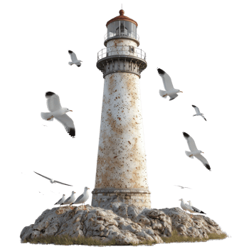 Scenic Lighthouse on Rocky Shore Surrounded by Seagulls in Clear Blue Sky Capturing Coastal Charm png