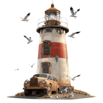 Vintage Car Next to Weathered Lighthouse Surrounded by Seagulls on a Sunny Day at the Coastline png