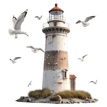 Historic lighthouse with weathered exterior, seagulls flying and coastal scenery, symbol of maritime navigation and safety png