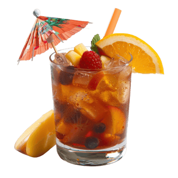 Refreshing summer cocktail with a colorful umbrella and fresh fruit garnishes in a clear glass on a white background png