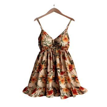 Elegant Floral Dress with Spaghetti Straps on Wooden Hanger, Perfect for Summer Fashion and Stylish Outfits png