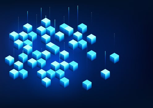 Blockchain technology, a series of square boxes that connect to each other, represents the technology of storing data that is linked as a network through computer encryption, sharing the recorded data vector