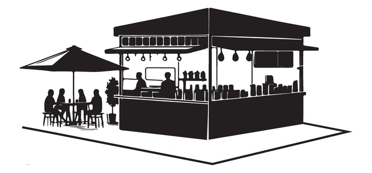 Silhouette Outdoor Cafe Scene with People and Street Vendor Kiosk vector