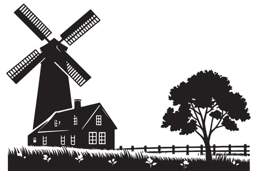 Silhouette Windmill and Farmhouse Illustration Country Landscape Scene vector