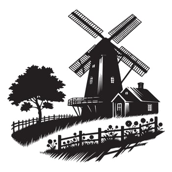 Charming Countryside Illustration with Windmill House Tree and Fence Art vector