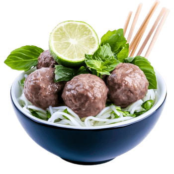 Fresh Noodle Bowl with Flavorful Meatballs and Herbs in Dark Bowl png
