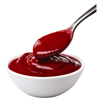 Fresh Red Tomato Sauce in White Bowl with Spoon for Culinary Use png