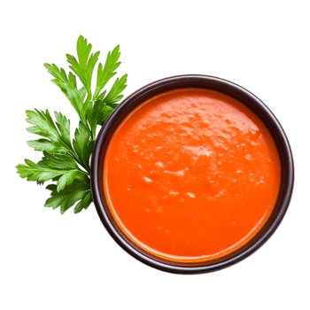 Fresh Tomato Soup with Green Herbs in a Black Bowl Isolated on White png