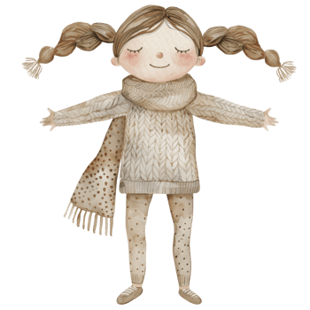 Watercolor cute young girl wearing brown wool sweater cloth with silk scarf and braid hair in winter. Cartoon character clip art element illustration png