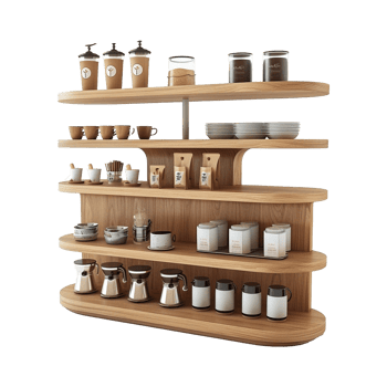 Modern Wooden Coffee and Tea Station with Multiple Shelves and Variety of Cups Mugs and Containers png