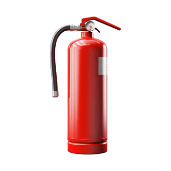 A Detailed 3D Render of a Red Fire Extinguisher with Pressure Gauge and Hose png