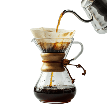 Pour Over Coffee Brewing Process Using Chemex Glass Brewer and Gooseneck Kettle png